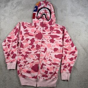 A Bathing Ape Hoodie Mens Large (Fits Small) Pink Camo Shark AGM Full Zip BAPE